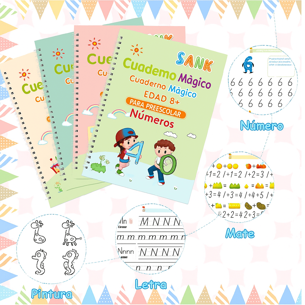 KIT CUADERNOS MAGICOS CALIGRAFIA EN ALTO RELIEVE x 4 MODULOS Y 10 MINAS